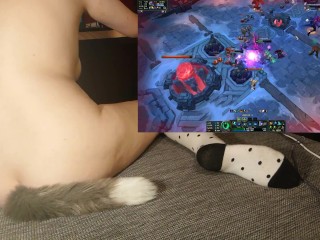 Cute girl with tail_and socks riding a vibrator while playing games