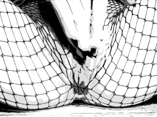 ASMR Fishnets in Comic_Book style B&W with lots of moaning, wimpering,and long nails finger fucking