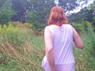 Redhead Milf goes_for a walk and gets cum in her pantiesoutdoors.