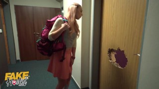 Fake Hostel Cute teen Stuck In A Door happily fucked by two boys