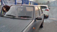 Tranny gilf starting and driving an ancient peugeot 205 diesel sfw NOT PORN