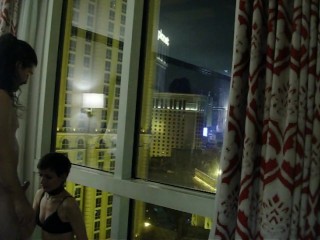 Viva Las Vegas!Sexy Married Exhibitionists Fuck in Front of Hotel Window - Public Sex