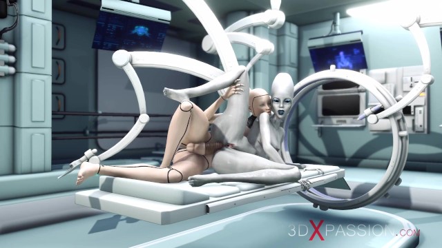 Alien lesbian sex in sci-fi lab. Female android plays with an alien