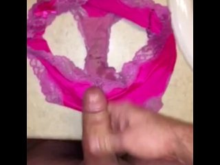 Husband Wears His Wife’s Pink Panties, Jerks Off in Them Until Soaking the Crotch in Cum_He EatsUp
