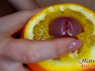 Close Up Yummy Foodjob And Ruined Orgasm From Mistress Hot Lips. Dessert With Cum And Orange Juice