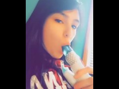 Cute  girl practicing blowjobs