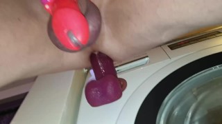 Big Dildo While I'm In Chastity I'm Being Fucked By Dildo Who Is Stuck To The Spinning Washing Machine