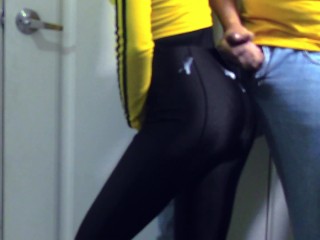 My friend likes my shiny black trousers and I like he covers it very_quikly with his warm cum