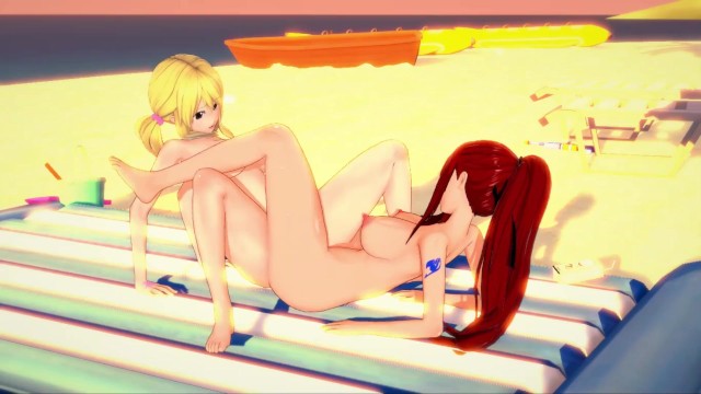 Erza and Lucy have lesbian sex on the beach - Fairy Tail Hentai.
