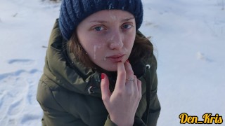 winter sex on a car with a blue-eyed beauty in a jacket, loves to do blowjob, cum on face and clothe