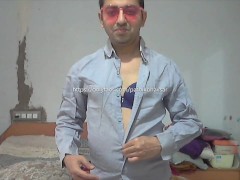 Sissy boy in a Bra inside the shirt with pantie & sunglasses