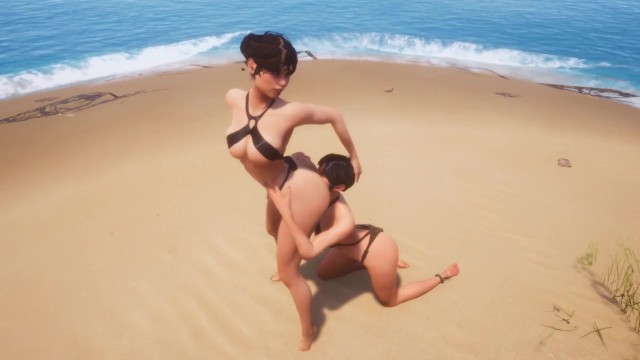 Standing Lesbian Licking Form Back in Beach