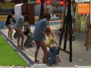 The Sims 4:6 people having intense sex on an easel