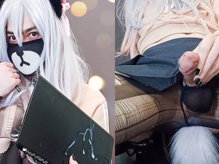 Cute Neko Trans Precum Wearing Buttplug Torn Tights And Cosplay Sagiri Izumi To Cumshot On Tablet