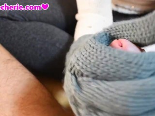 Teaser-I jerked off this big hard cock with my new handknitted woolen gloves,4cumshot