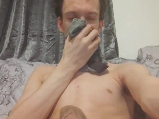 Taking off my boxers, stroking my big cock and sniffing boxers