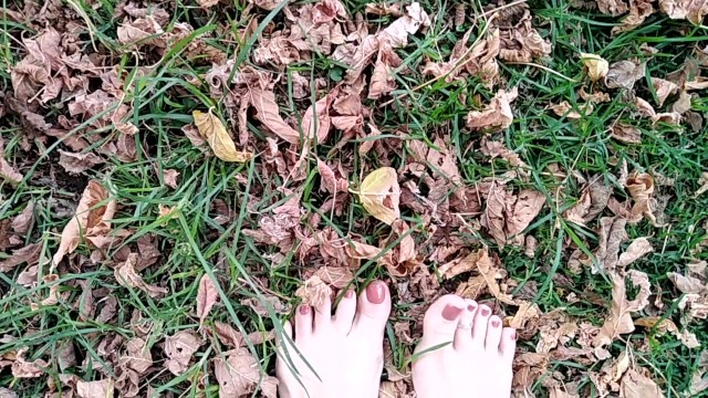 two sexy pairs of feet stepping on crunchy fall leaves