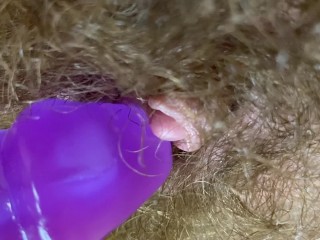 Bunny_vibrator test masturbation POV closeup erected big clit wet orgasm hairy pussy