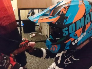 Motocross guy jerks off after sex to his partner