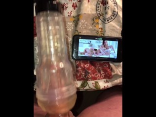 Home Alone, Watching some Lesbian Porn while using my Fleshlight attached to_my Hismith SexMachine
