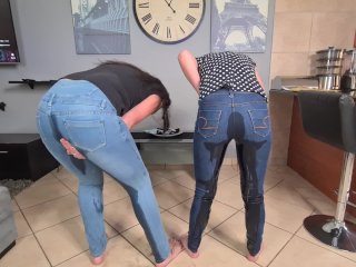 Two Dirty Brunettes Desperately_Pissing in Their Own JeansUndressing