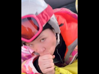Snowboarding slut sucks my cock in_public!