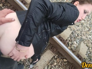 sweet blowjobhot and sex in anal with a beautiful girl while walking on the railway