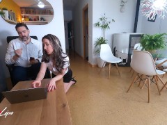 Spanish secretary has a squirt in her boss's mouth and begs for him to cum in her mouth too.