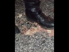 Hotdog stomping with boots