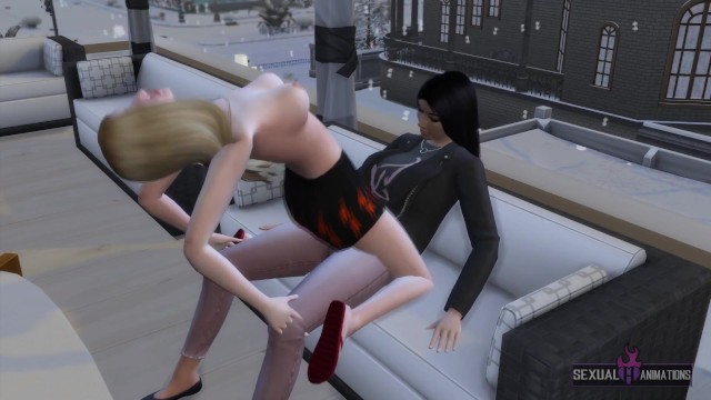 Two Girls Heats Up from the Cold Fucking on the Terrace of a Restaurant - Sexual Hot Animations