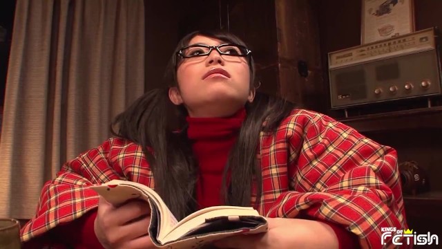 Horny Japanese teen with glasses plays with her hairy cunt on the floor 20