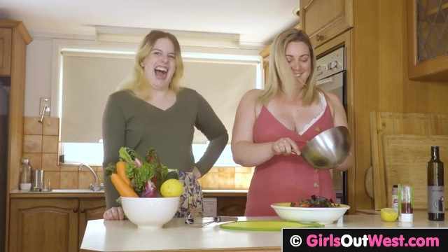 Curvy hairy lesbian and busty plumper fuck in the kitchen