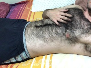 Very hairy man soft and hairy chest touch...