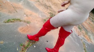 Cum Uncut Cock Cumshot Walking Around A Parking Lot Naked In Thigh High High Heeled Boots