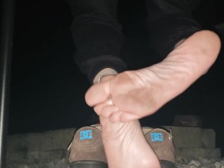 Candid dirty feet_shoe playby the fire