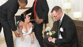 Screen Capture of Video Titled: Payton Preslee's Wedding Turns Rough Interracial Threesome - Cuckold Sessions