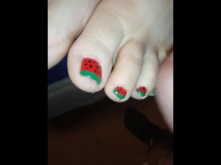 Holiday Weekend Footjob With Watermelon Painted Toes, Lots Of Precum And Huge Edging Cumshot