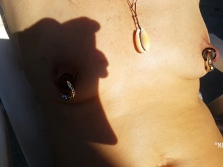 nippleringlover naked outside sun tanning close up stretched nipple & pussy piercings &tight ass