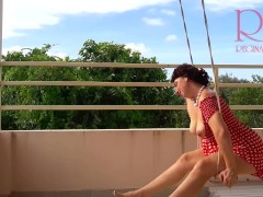 Cute housewife has fun without panties on the swing Slut swings and shows her perfect pussy 1