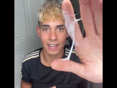 Horny Hot blond boy masturbate and cum juicy load on the wall and show his creamy cum in his hand 