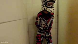 Blonde 18-Year-Old Boy Takes A Shower While Dressed In MX Gear And Jerks Off