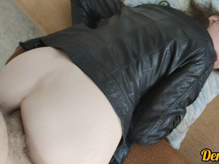cute girl in a leather jacket craves and gets a lot of anal_sex to_get cum on her face