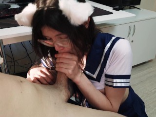 Cute chan with cat_ears in a sexy suit was eager_to satisfy her hunger with her senpai's sperm 4K
