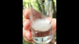 Cum Swallow Spitting A Guy's Thick Cum Into A Glass And Then Drinking It Again After A Blowjob Outside