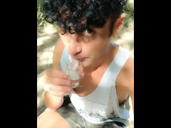 Spitting guy´s thick cum to the glass and drinking it again after blowjob outdoor