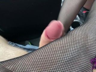 Stranger in stockings jerking_off a dick in a car Footjob I cum on her_feet