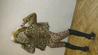 High Heels Asian Sissy Ladyboy Wearing A Sexy Leopard Coat A Leopard Suit And High Heels While Displaying Her Sexy Body