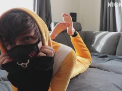 Twink boy massive cumshot in cute fox onesie intense orgasm loud moaning