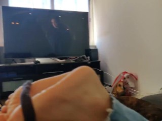 usingmy friend's feet with a hair band to_cum