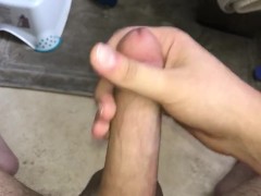 Cumshot in bathroom (parents are outside) ALMOST CAUGHT